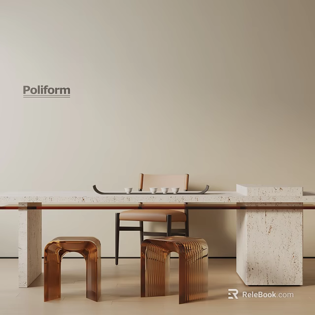 Minimalist Tea Room Interior With Long Table Tea Sets Wooden Stools And Beige Wall 3d model 