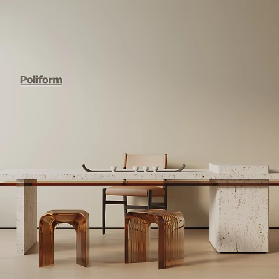 Minimalist Tea Room Interior With Long Table Tea Sets Wooden Stools And Beige Wall 3d model