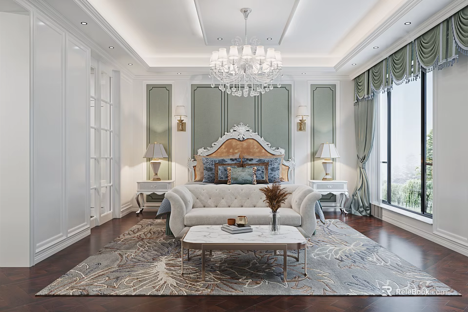 Elegant Bedroom Interior With White Walls Green Panels Chandelier Bed Rug And Wooden Floor 3d model 