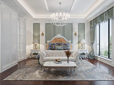 Elegant Bedroom Interior With White Walls Green Panels Chandelier Bed Rug And Wooden Floor 3d model