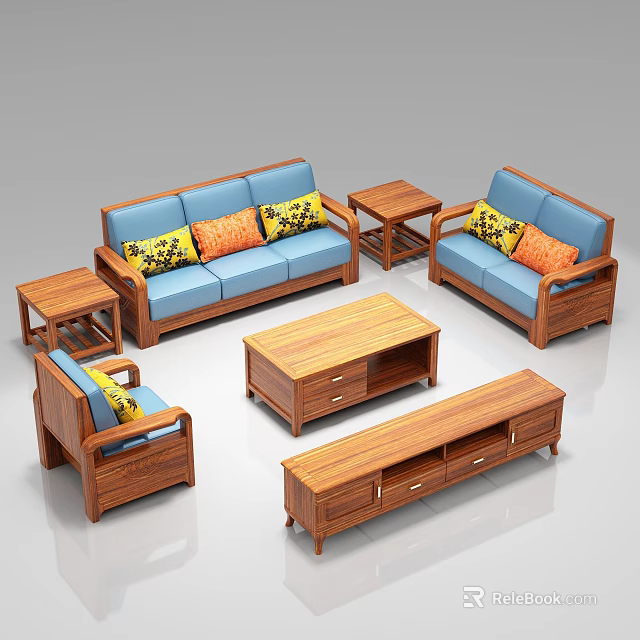 Wooden Frame Blue Sofa with Patterned Cushions and Coffee Table Set with Side Tables 3d model