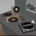 Technics Turntable Audio Setup With Vinyl Records And Zebra Poster On Gray Table 3d model