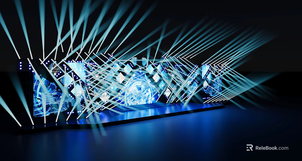 Futuristic Illuminated Art Installation With Blue Light Beams And Geometric Patterns 3d model
