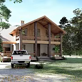 Detached Villa With Wooden Structure Surrounded By Trees And Lawn Front View Featuring White Truck