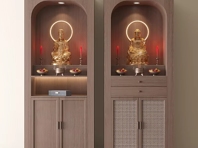 Elegant Wooden Buddhist Shrine Cabinet With Golden Buddha Statue Halo Red Candles And Fruit Plates 3d model