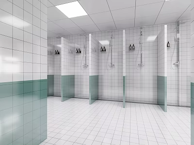 Clean Modern Shower Sauna Interior With White Tiled Walls Green Accent Tiles And Showerhead Stalls 3d model