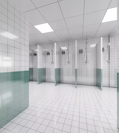 Clean Modern Shower Sauna Interior With White Tiled Walls Green Accent Tiles And Showerhead Stalls 3d model