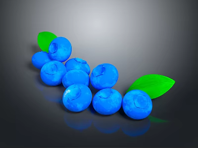 Fresh Ripe Blueberries With Vibrant Green Leaves On Dark Reflective Surface 3d model