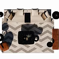 Modern White Sofa And Coffee Table Set With Plush Pillows Orange Ottoman And Geometric Rug