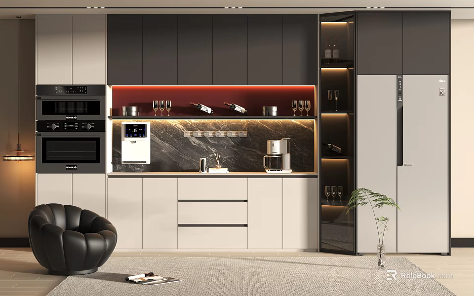 Modern Kitchen Interior With Wine Cabinet Lighting Marble Countertop And Coffee Machine 3d model 