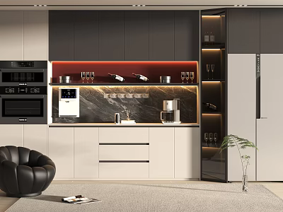 Modern Kitchen Interior With Wine Cabinet Lighting Marble Countertop And Coffee Machine 3d model