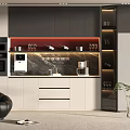 Modern Kitchen Interior With Wine Cabinet Lighting Marble Countertop And Coffee Machine