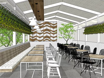 Modern Restaurant Interior With Wooden Ceiling Chevron Decor Hanging Plants And Natural Light 3d model