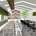Modern Restaurant Interior With Wooden Ceiling Chevron Decor Hanging Plants And Natural Light