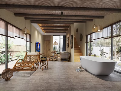 Serene Natural Indoor Space with Wooden Ceiling Rattan Lounge Chairs Bathtub And Large Windows 3d model