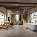 Serene Natural Indoor Space with Wooden Ceiling Rattan Lounge Chairs Bathtub And Large Windows