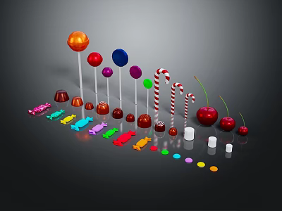 Vibrant Colorful Lollipops Candy Canes Cherries And Assorted Sweet Candies 3d model