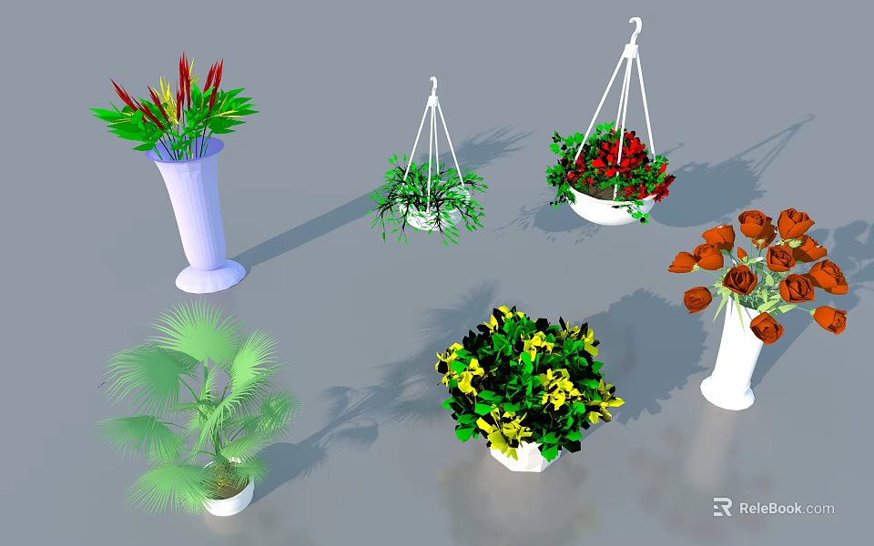 Various Vases With Colorful Flowers And Hanging Pots In Different Styles 3d model 
