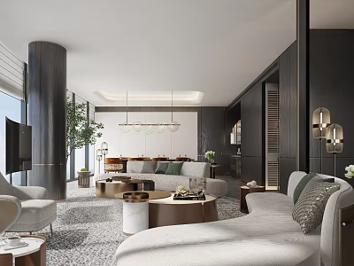 Elegant Luxury Modern Open Living And Dining Room Interior With Curved Sofas And Large Windows 3d model