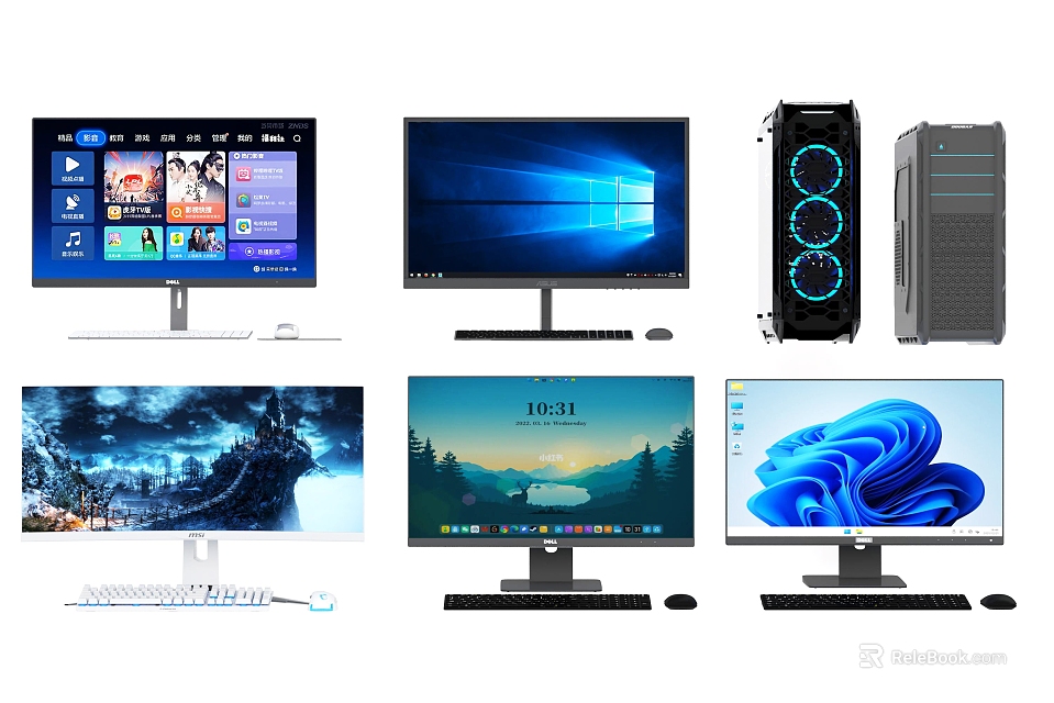 Various Desktop Computers And Monitors Featuring Different Screen Displays And Designs 3d model 