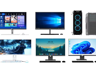 Various Desktop Computers And Monitors Featuring Different Screen Displays And Designs 3d model