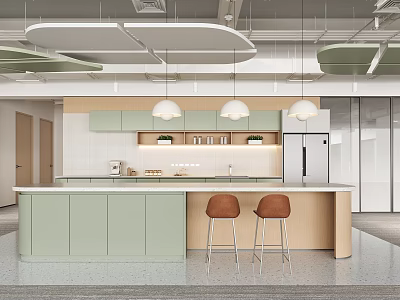 Bright Modern Office Pantry With Light Green Cabinets Wood Accents And Comfortable Bar Stools 3d model
