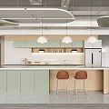 Bright Modern Office Pantry With Light Green Cabinets Wood Accents And Comfortable Bar Stools