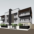 Modern Townhouses Exterior With Water Feature High Rise Buildings And Greenery Nearby