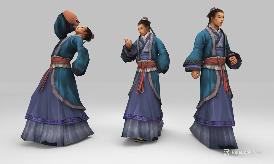 Three Traditional Attire Characters Displaying Different Poses in Blue Purple Robes with Red Belts 3d model 