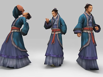 Three Traditional Attire Characters Displaying Different Poses in Blue Purple Robes with Red Belts 3d model