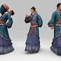 Three Traditional Attire Characters Displaying Different Poses in Blue Purple Robes with Red Belts