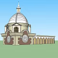 Classical Tower With Dome Structure Arched Windows And Clock On Green Field Under Blue Sky