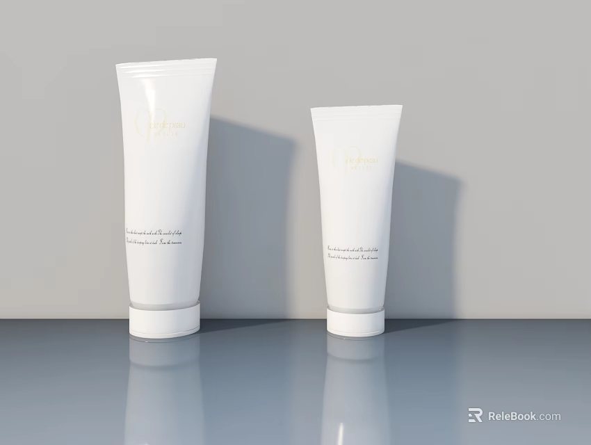 Two White Cosmetic Tubes With Golden Lettering On Shiny Gray Countertop 3d model 