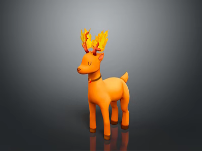 Orange Deer Character With Flaming Antlers And Collar On Dark Background 3d model