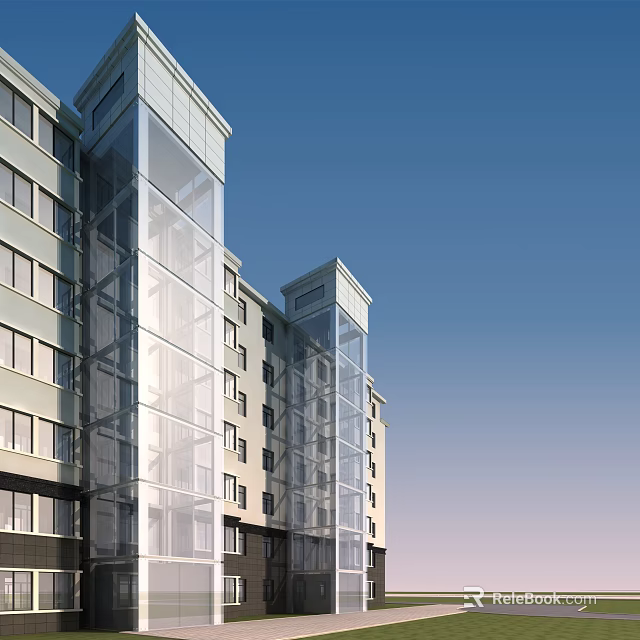 Modern High Rise Office Building With Glass Curtain Walls And Blue Sky Background 3d model 