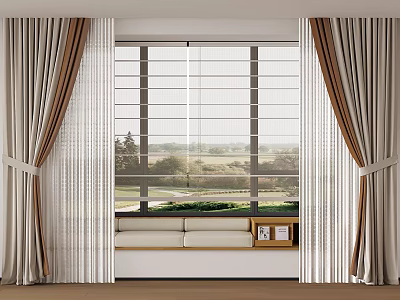 Elegant Beige Brown Linen Curtains With Tiebacks And Window Seat For Natural Outdoor View 3d model