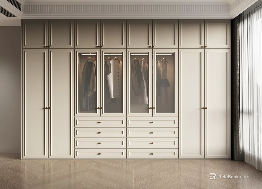 Modern Light Colored Wardrobe Interior Design With Glass Doors And Drawers 3d model 