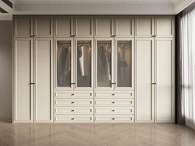 Modern Light Colored Wardrobe Interior Design With Glass Doors And Drawers 3d model