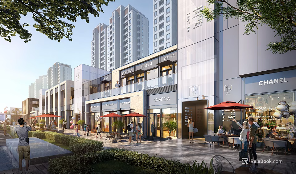 Modern Commercial Street With Storefronts Outdoor Seating Greenery Umbrellas And Pedestrians Dining 3d model 