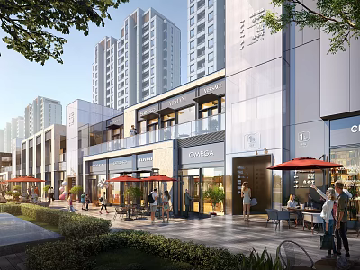 Modern Commercial Street With Storefronts Outdoor Seating Greenery Umbrellas And Pedestrians Dining 3d model