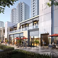 Modern Commercial Street With Storefronts Outdoor Seating Greenery Umbrellas And Pedestrians Dining