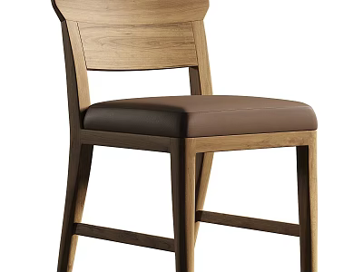 Modern Wooden Bar Stool With Brown Leather Seat Cushion And Curved Backrest Design 3d model