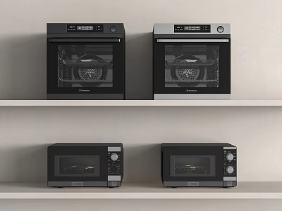 Modern Black Kitchen Appliances With Two Ovens And Two Microwaves On Shelves 3d model