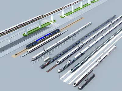 High Speed Trains Arranged on Tracks with Platforms and Various Models 3d model