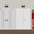 White Double Safety Doors With Glass Panels And Fire Safety Equipment Signs