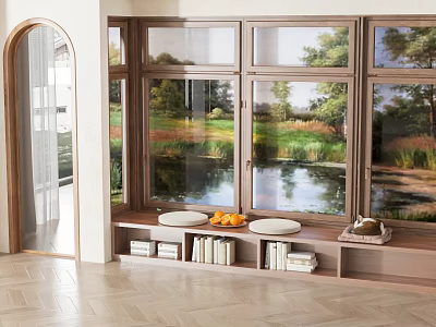 Wooden Bay Window Interior Design With Garden View Plates Oranges Books And Tray 3d model