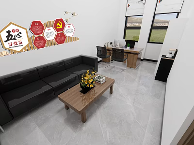 Modern Office Interior With Five Hearts Themed Red Signs Sofa Coffee Table And Desk 3d model