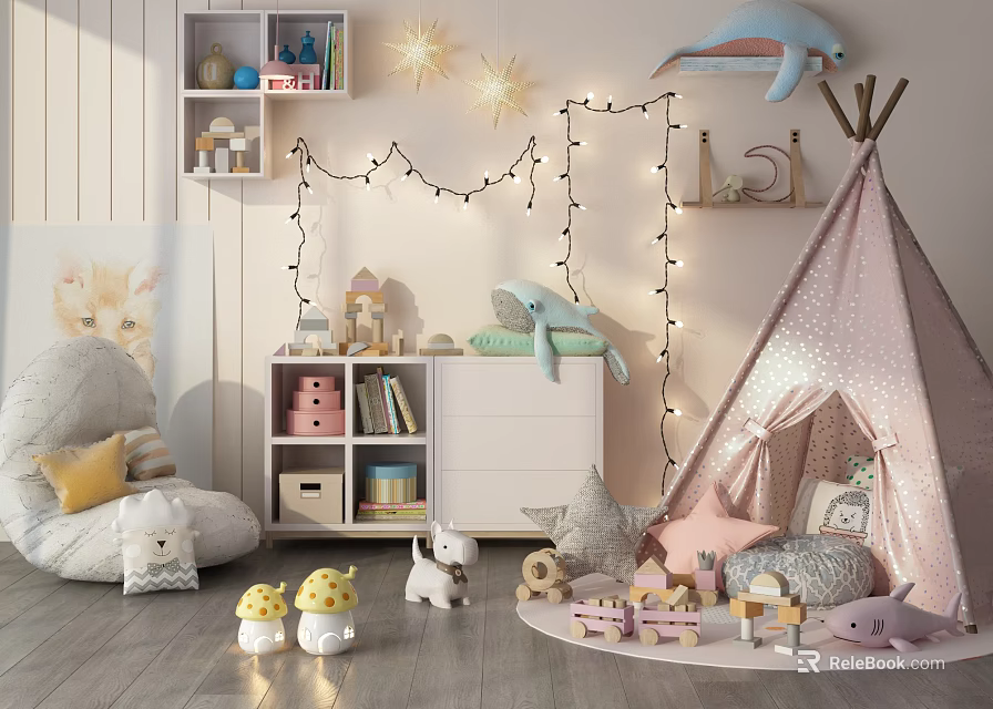 White Side Cabinet In Kids Room With Pink Teepee Stuffed Toys And String Lights 3d model 
