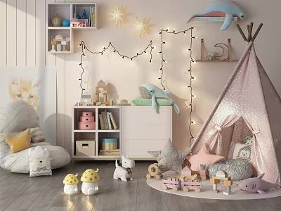 White Side Cabinet In Kids Room With Pink Teepee Stuffed Toys And String Lights 3d model