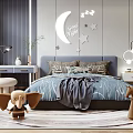 Kids Bedroom Interior With Moon Star Decor Stuffed Toys Bed Rug And Bookshelf